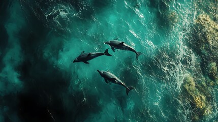Obraz premium Aerial View of Three Dolphins Swimming in Turquoise Ocean Waters