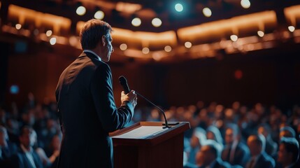 Fototapeta premium A speaker presents to an engaged audience, illuminated by dramatic lighting in a conference setting.