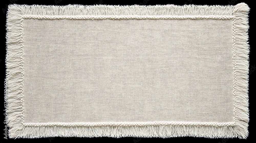 Poster a rectangular cream colored fabric with decorative fringing around its edges