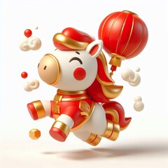 Naklejka premium 3D cartoon red gold white happy Chinese New Year of horse isolated on a white background