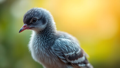 Obraz premium Close-up of an adorable baby pigeon with soft gray feathers, delicate details, and a blurred golden background.