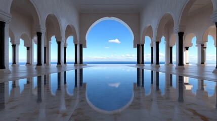 Tranquil, arched, coastal mosque.  Vast, white, colonnaded interior reflects a boundless horizon