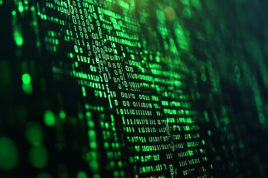 Abstract green digital matrix with binary code in motion