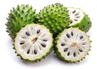 Closeup of Sliced and Whole Annona Muricata Fruits on White Background Showing Seeds and Texture