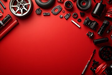 Automotive Parts and Accessories on Red Background with Copy Space