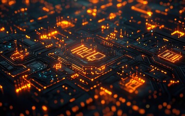 Obraz premium Macro closeup of a green electronic circuit board reveals intricate digital chip technology