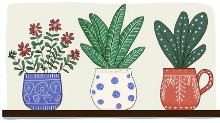 Fototapeta premium Three Potted Plants on Shelf Red Flowers, Green Leaves, and Succulent in Unique Pots