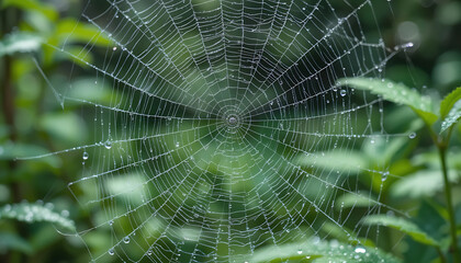 Close-up of a spiderweb glistening with morning dew, intricate details visible against a soft-focus background of lush green foliage.