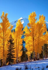 Golden aspen trees ablaze against a backdrop of snow-capped peaks, Travel, November, Mountain