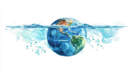 Fototapeta premium A vibrant watercolor illustration of Earth partially submerged in water, showcasing continents and splashes, emphasizing the planet's beauty and fragility.