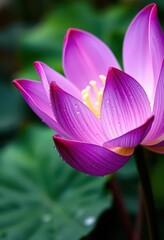 Fototapeta premium Intricate violet lotus blossom, dew drops, vibrant petals, peace, photography