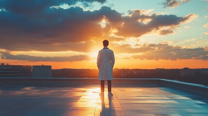 Doctor Standing on Hospital Rooftop at Sunset with Beautiful Skyline