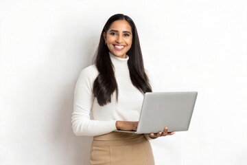 Fototapeta premium A smiling woman with long dark hair, wearing a white turtleneck and beige skirt, holding a laptop and looking at the camera, creating a positive and professional vibe