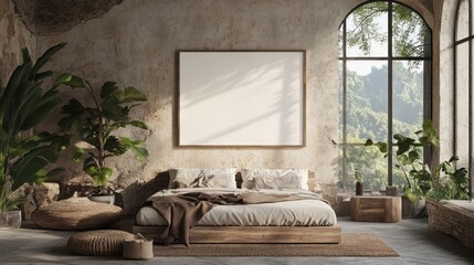 Rustic bedroom features natural light and organic design elements