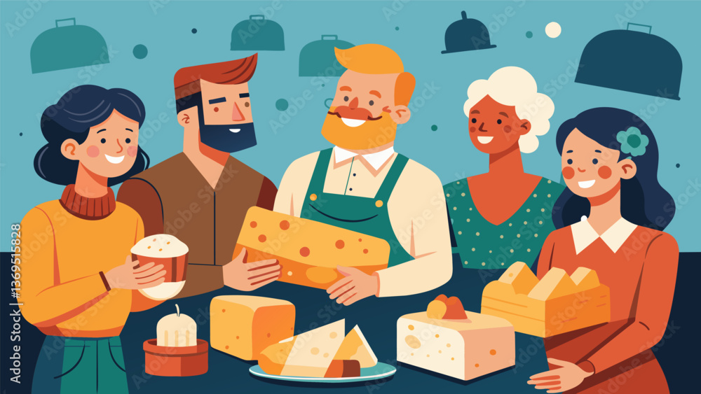 Poster a group of friends sampling a variety of locally made cheeses while chatting with the cheerful chees