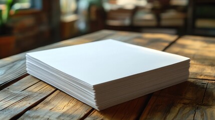 Blank papers stack on rustic wooden table in cafe