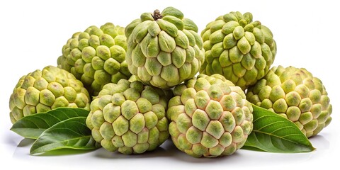 A Collection of Fresh Green Cherimoyas with Lush Leaves