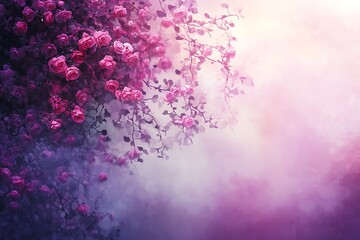 Pink roses cascade in dreamy garden illustration for romantic backdrop and floral design