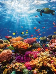 Naklejka premium The underwater scenery is beautiful. Colorful coral reefs and turtles swimming in the clear blue water.