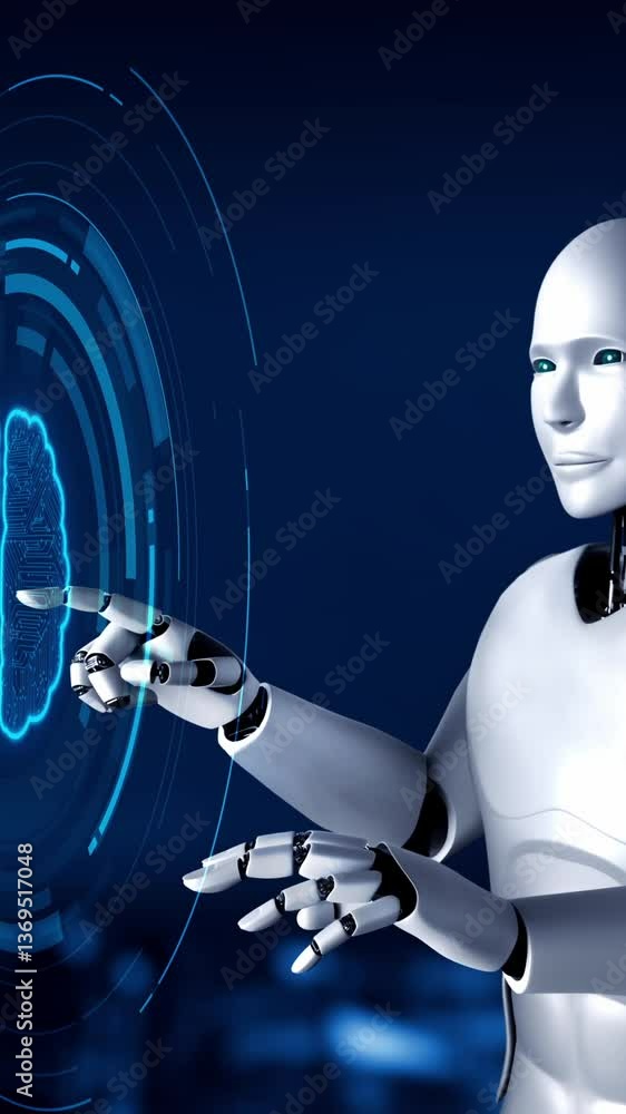 Poster ai robot huminoid uses cloud computing technology to store data on online server . futuristic concep