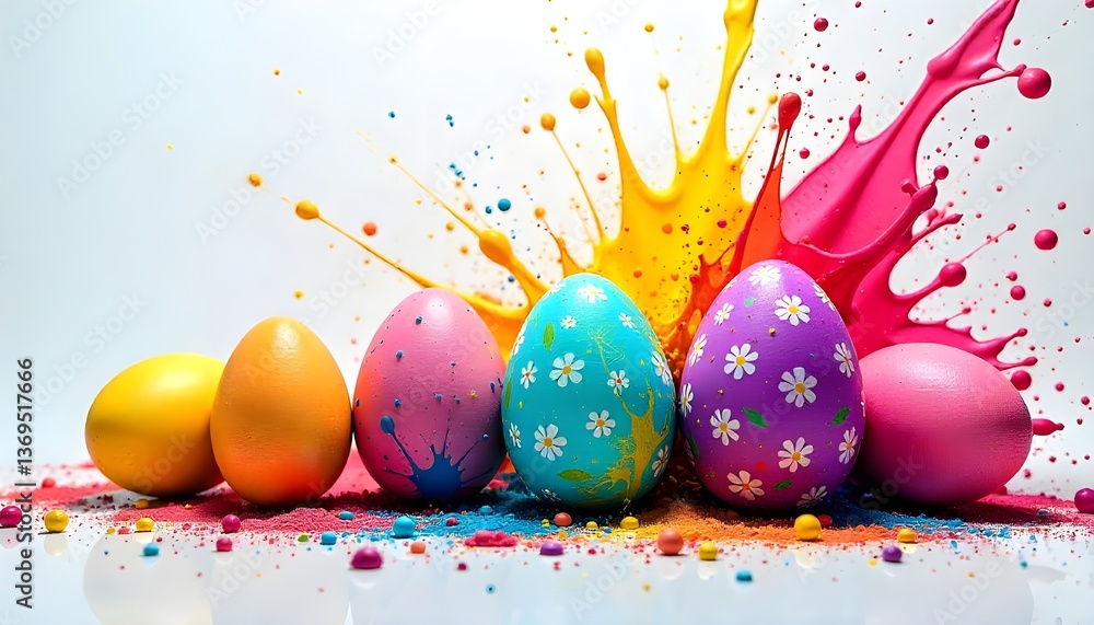 Aufkleber a vibrant explosion of colorful easter eggs bursting with dynamic paint splashes, symbolizing the jo