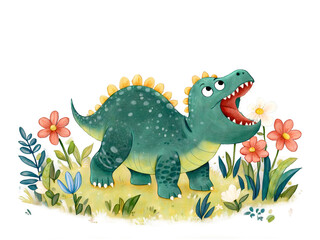 Whimsical Illustration of a Curious Baby Beipiaosaurus Sniffing Flowers Amidst Lush Foliage, Rendered in Watercolor Style with Charming Details