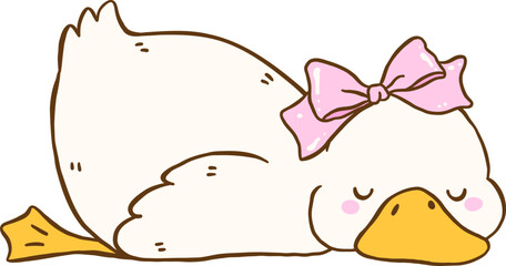 Cute White Duck with Pink Bow Sleeping Funny Cartoon Doodle Hand Draw