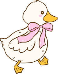 Cute White Duck with Pink Bow Walking Springtime Aesthetic Cartoon Doodle Hand Draw