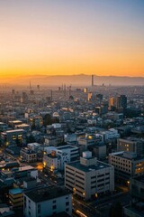 Obraz premium arafed view of a city at sunset with a few buildings