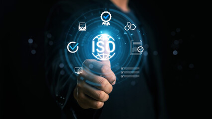Businessman touch representation of ISO certification, icons symbolizing quality assurance, compliance, global standards, and International organization for standardization. ISO Certification Concept.