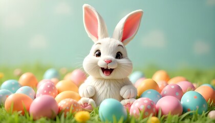 A cheerful Easter Bunny surrounded by a pile of vibrant, colorful Easter eggs, radiating festive joy and celebration
