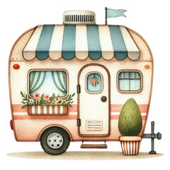 watercolor RV Camping clipart, Happy camper design. Camping and mountains branding. Camper trailer, hiking, camping clipart.