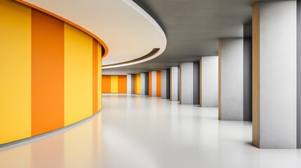 Modern hallway features vibrant striped walls and sleek columns