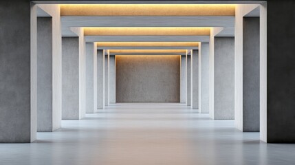 Corridor with concrete columns and illuminated ceiling panels receding