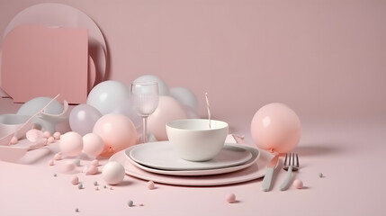Delicate pastel dessert scene, elegant cake on a fine plate, soft colors with decorations, perfect for celebration themes.