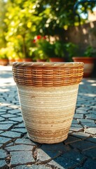Wicker-textured concrete pot sits on cracked asphalt, dappled sunlight, rustic, plant pot