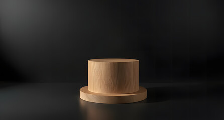 Minimalist Wooden Display: A simple, elegant wooden podium stands against a dark backdrop, highlighted by subtle lighting, perfect for showcasing products and adding a touch of sophistication.