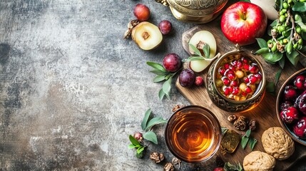 Autumn Fruit Tea, Stone Table, Cozy Setting, Background Copy Space