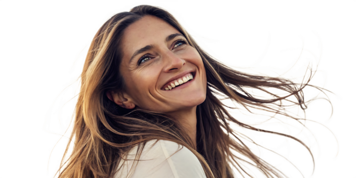 Smiling Young Woman with Flowing Hair – Happy Female Portrait Isolated on White Background