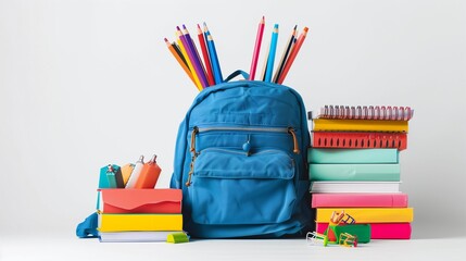 A backpack filled with books, notebooks, and school supplies, isolated on a white background.