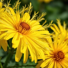 Obraz premium Bright yellow Doronicum orientale blossoms adorned with delicate feathers, floral, meadow