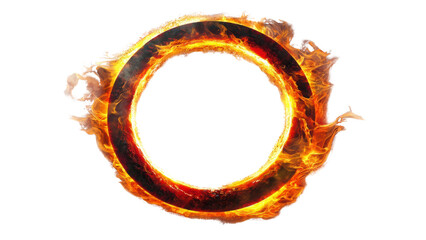 Png of Circular fiery emblem featuring intense flames and a dark center, conveying a sense of power and energy on transparent background.