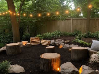 A backyard with a wooden fence and a stone wall. There are several logs and rocks scattered around the area. The logs are arranged in a circle, and there are several chairs. The atmosphere is cozy
