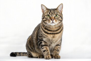 A close-up portrait of a tabby cat sitting on a white background, showcasing its beautiful striped fur and alert expression, with a focused and curious demeanor
