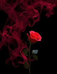 Naklejka premium Crimson smoke swirls enveloping a single red rose against a stark black backdrop, flower, fantasy