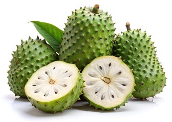Closeup of Soursop Fruits with Cut Open Sections Showing White Flesh and Dark Seeds Against White Background