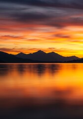 Fiery sunset paints tranquil lake reflecting majestic mountains.. AI Generated
