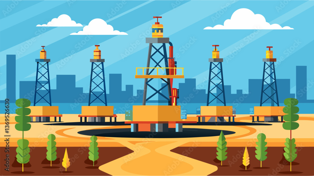Poster a well pad equipped with multiple drilling rigs indicating a largescale fracking operation in progre