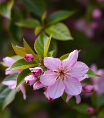 Obraz premium Delicate pink cherry blossom, single bloom against vibrant green leaves, single, macro, plant photography