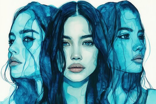 Triple Portrait Blue Ink Woman with Mystical Art.